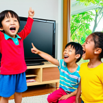 **Prompt:** A bright and colorful living room where a diverse group of happy children (ages 4-7) are enthusiastically singing along to Tayo the Little Bus on a large TV screen. Their faces show joy and focused engagement, some pointing or making gestures, embodying the fun of hidden learning. The atmosphere is warm and inviting.
