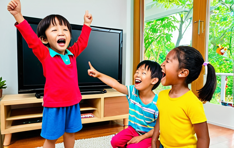 **Prompt:** A bright and colorful living room where a diverse group of happy children (ages 4-7) are enthusiastically singing along to Tayo the Little Bus on a large TV screen. Their faces show joy and focused engagement, some pointing or making gestures, embodying the fun of hidden learning. The atmosphere is warm and inviting.