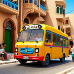 **

A vibrant and heartwarming scene of Tayo the Little Bus driving through a bustling Middle Eastern neighborhood, with children smiling and waving from the sidewalks. Capture the nostalgia and joy of childhood, emphasizing Tayo's role in bringing happiness to kids. The backdrop includes traditional architecture and elements that reflect local culture.

**