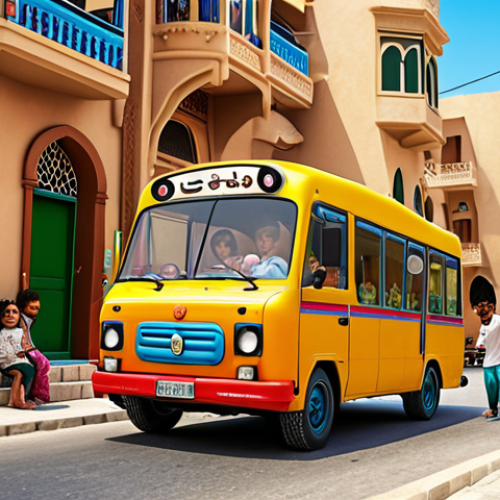 Home 17 **
A vibrant and heartwarming scene of Tayo the Little Bus driving through a bustling Middle Eastern neighborhood, with children smiling and waving from the sidewalks. Capture the nostalgia and joy of childhood, emphasizing Tayo's role in bringing happiness to kids. The backdrop includes traditional architecture and elements that reflect local culture.
**