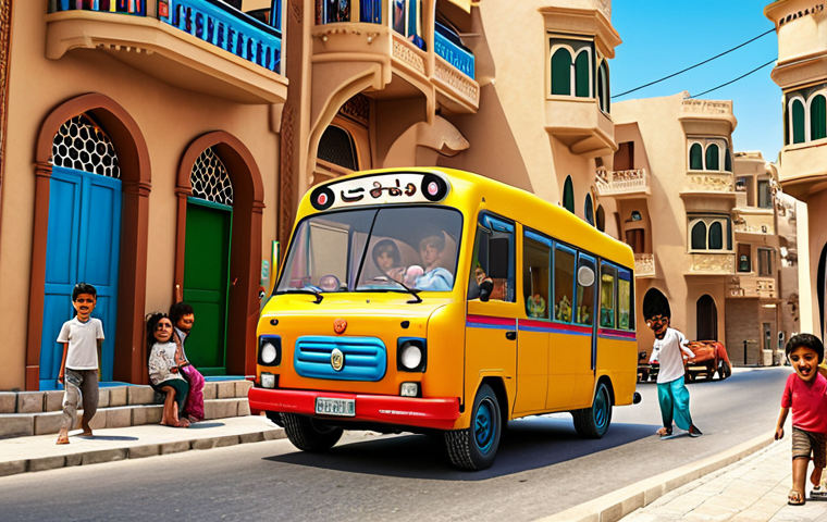 **
A vibrant and heartwarming scene of Tayo the Little Bus driving through a bustling Middle Eastern neighborhood, with children smiling and waving from the sidewalks. Capture the nostalgia and joy of childhood, emphasizing Tayo's role in bringing happiness to kids. The backdrop includes traditional architecture and elements that reflect local culture.
**