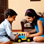 "A group of joyful, diverse children (reflecting Middle Eastern demographics) playing cooperatively with Tayo the Little Bus toys in a bright, warm home setting. One child is helping another, demonstrating friendship and empathy. The atmosphere is nurturing and reflects positive emotional development. Subtle Arabic-inspired home decor in the background. High-quality illustration, vibrant colors."