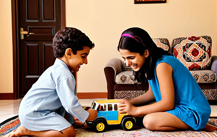 "A group of joyful, diverse children (reflecting Middle Eastern demographics) playing cooperatively with Tayo the Little Bus toys in a bright, warm home setting. One child is helping another, demonstrating friendship and empathy. The atmosphere is nurturing and reflects positive emotional development. Subtle Arabic-inspired home decor in the background. High-quality illustration, vibrant colors."