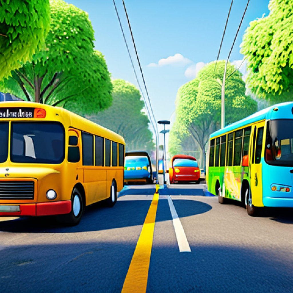 A diverse group of cheerful anthropomorphic city vehicles, including a blue bus, a yellow bus, a green bus, and a red taxi, collaborating together in a clean, vibrant cityscape. They are working harmoniously to build a small community garden. The scene emphasizes teamwork, mutual respect, and shared goals. The vehicles are well-proportioned, with clear lines and detailed features, in natural and dynamic poses. Professional animation style, bright cinematic lighting, high quality, child-friendly characters, appropriate for all ages, safe for work, appropriate content, family-friendly.