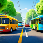 A diverse group of cheerful anthropomorphic city vehicles, including a blue bus, a yellow bus, a green bus, and a red taxi, collaborating together in a clean, vibrant cityscape. They are working harmoniously to build a small community garden. The scene emphasizes teamwork, mutual respect, and shared goals. The vehicles are well-proportioned, with clear lines and detailed features, in natural and dynamic poses. Professional animation style, bright cinematic lighting, high quality, child-friendly characters, appropriate for all ages, safe for work, appropriate content, family-friendly.