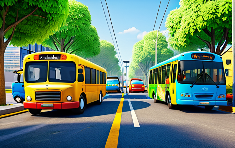 A diverse group of cheerful anthropomorphic city vehicles, including a blue bus, a yellow bus, a green bus, and a red taxi, collaborating together in a clean, vibrant cityscape. They are working harmoniously to build a small community garden. The scene emphasizes teamwork, mutual respect, and shared goals. The vehicles are well-proportioned, with clear lines and detailed features, in natural and dynamic poses. Professional animation style, bright cinematic lighting, high quality, child-friendly characters, appropriate for all ages, safe for work, appropriate content, family-friendly.