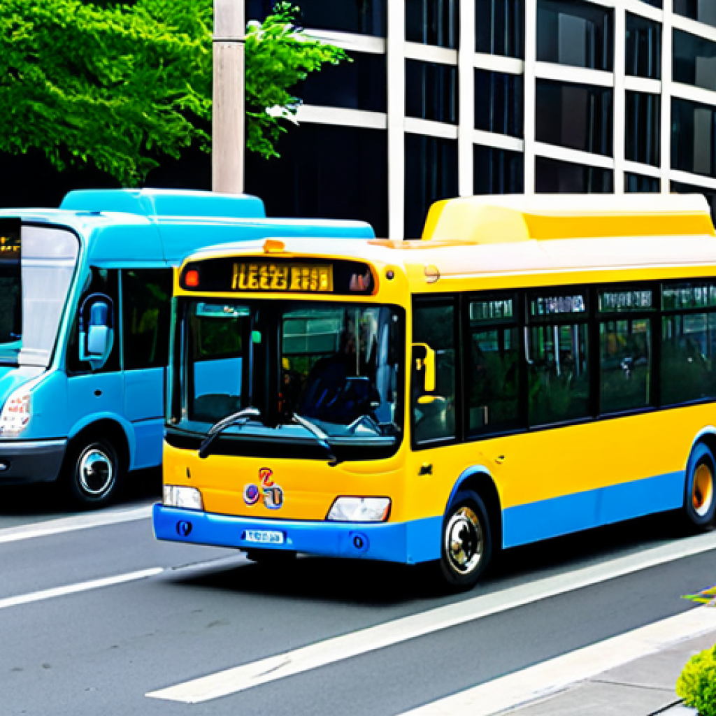 A group of diverse, friendly anthropomorphic city buses, including a prominent blue bus, a red bus, and a green bus, collaboratively assisting a yellow bus that has a minor issue, perhaps a flat tire, on a clean, modern city street during daytime. They are actively communicating and working together. The scene is bright and conveys a sense of community and helpfulness. Fully clothed (referring to their complete and appropriate design), appropriate attire, safe for work, professional, perfect anatomy (referring to vehicle integrity), correct proportions, natural pose, well-formed, proper design, natural body proportions, professional photography, high quality, family-friendly.