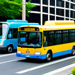 A group of diverse, friendly anthropomorphic city buses, including a prominent blue bus, a red bus, and a green bus, collaboratively assisting a yellow bus that has a minor issue, perhaps a flat tire, on a clean, modern city street during daytime. They are actively communicating and working together. The scene is bright and conveys a sense of community and helpfulness. Fully clothed (referring to their complete and appropriate design), appropriate attire, safe for work, professional, perfect anatomy (referring to vehicle integrity), correct proportions, natural pose, well-formed, proper design, natural body proportions, professional photography, high quality, family-friendly.