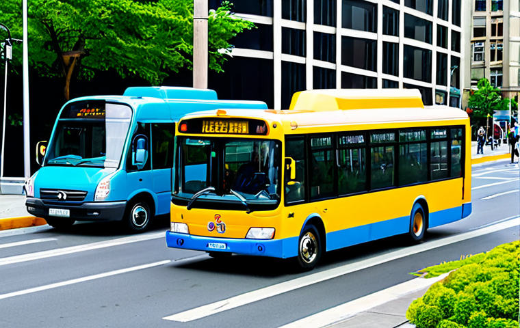 A group of diverse, friendly anthropomorphic city buses, including a prominent blue bus, a red bus, and a green bus, collaboratively assisting a yellow bus that has a minor issue, perhaps a flat tire, on a clean, modern city street during daytime. They are actively communicating and working together. The scene is bright and conveys a sense of community and helpfulness. Fully clothed (referring to their complete and appropriate design), appropriate attire, safe for work, professional, perfect anatomy (referring to vehicle integrity), correct proportions, natural pose, well-formed, proper design, natural body proportions, professional photography, high quality, family-friendly.