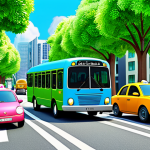 A vibrant animated scene featuring Tayo the Little Bus, Rogi, Lani, and Gani, the anthropomorphic buses, working together to clear a small obstacle on a clean, colorful city street. They are depicted with cheerful expressions, demonstrating teamwork and cooperation. The background includes bright, whimsical city buildings and a lush green park. The overall image conveys a sense of positive learning and community, appropriate for all ages. Safe for work, appropriate content, fully clothed (referring to the scene's overall modesty), family-friendly, professional animation style, perfect anatomy, correct proportions, high quality illustration.