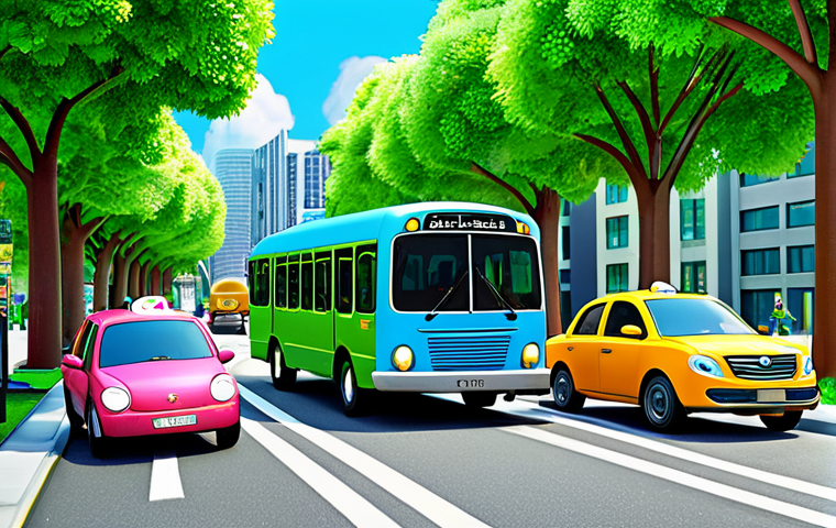 A vibrant animated scene featuring Tayo the Little Bus, Rogi, Lani, and Gani, the anthropomorphic buses, working together to clear a small obstacle on a clean, colorful city street. They are depicted with cheerful expressions, demonstrating teamwork and cooperation. The background includes bright, whimsical city buildings and a lush green park. The overall image conveys a sense of positive learning and community, appropriate for all ages. Safe for work, appropriate content, fully clothed (referring to the scene's overall modesty), family-friendly, professional animation style, perfect anatomy, correct proportions, high quality illustration.
