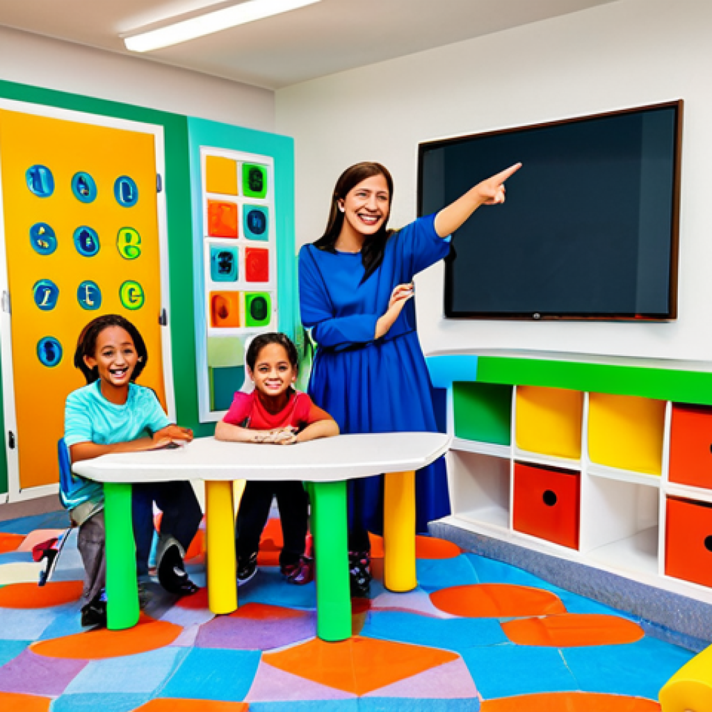 A diverse group of happy children, aged 6-9, fully clothed in modest, brightly colored, family-friendly attire, actively engaged in a modern, clean educational playroom. They are surrounded by playful, animated learning elements like geometric shapes, friendly cartoon characters, and colorful numbers on interactive surfaces. The children are smiling, pointing, and learning through play, exhibiting perfect anatomy, correct proportions, and natural poses. The lighting is soft and inviting, creating a cheerful, professional atmosphere. safe for work, appropriate content, fully clothed, professional dress, well-formed hands, proper finger count, natural body proportions, high quality, studio photography.