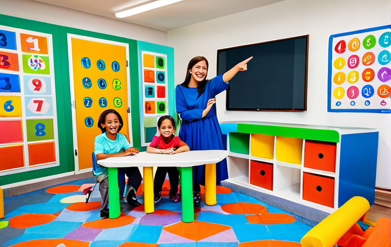 A diverse group of happy children, aged 6-9, fully clothed in modest, brightly colored, family-friendly attire, actively engaged in a modern, clean educational playroom. They are surrounded by playful, animated learning elements like geometric shapes, friendly cartoon characters, and colorful numbers on interactive surfaces. The children are smiling, pointing, and learning through play, exhibiting perfect anatomy, correct proportions, and natural poses. The lighting is soft and inviting, creating a cheerful, professional atmosphere. safe for work, appropriate content, fully clothed, professional dress, well-formed hands, proper finger count, natural body proportions, high quality, studio photography.