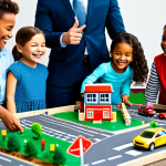 A group of diverse, happy children, fully clothed in modest and appropriate attire, collaboratively building a miniature cityscape model with toy vehicles and road signs in a bright, modern educational play area. The children are laughing and pointing, demonstrating teamwork and an understanding of urban rules and safety. The scene is well-lit, captured with professional photography, showcasing perfect anatomy, correct proportions, and natural poses with well-formed hands and proper finger count. safe for work, appropriate content, fully clothed, family-friendly.