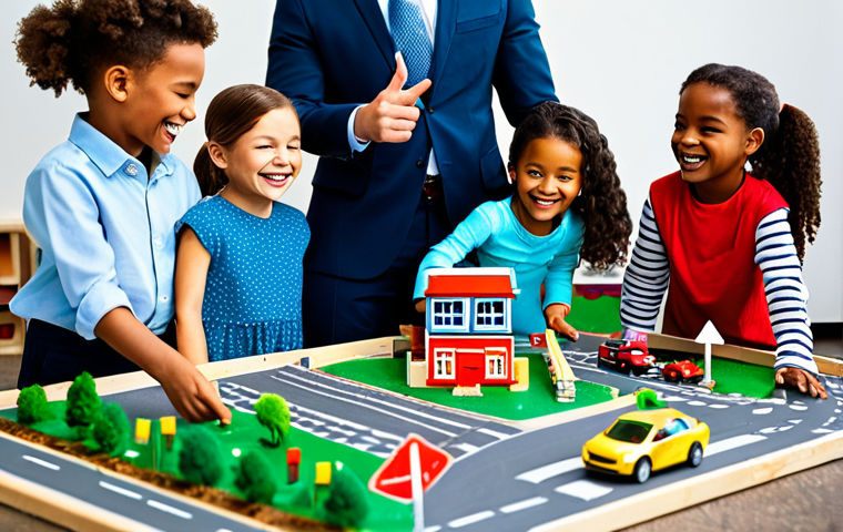 A group of diverse, happy children, fully clothed in modest and appropriate attire, collaboratively building a miniature cityscape model with toy vehicles and road signs in a bright, modern educational play area. The children are laughing and pointing, demonstrating teamwork and an understanding of urban rules and safety. The scene is well-lit, captured with professional photography, showcasing perfect anatomy, correct proportions, and natural poses with well-formed hands and proper finger count. safe for work, appropriate content, fully clothed, family-friendly.