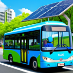 **

A cheerful animated scene featuring Tayo, the Little Bus, fully clothed, driving through a vibrant, colorful city inspired by modern Korean architecture. The background includes eco-friendly elements like solar panels and green parks. Children are waving from the sidewalks. safe for work, appropriate content, professional, perfect anatomy, natural proportions.

**