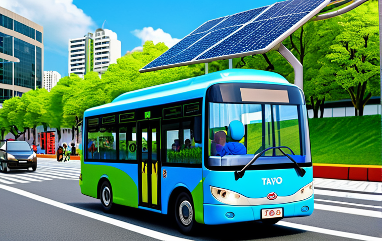 **
A cheerful animated scene featuring Tayo, the Little Bus, fully clothed, driving through a vibrant, colorful city inspired by modern Korean architecture. The background includes eco-friendly elements like solar panels and green parks. Children are waving from the sidewalks. safe for work, appropriate content, professional, perfect anatomy, natural proportions.
**