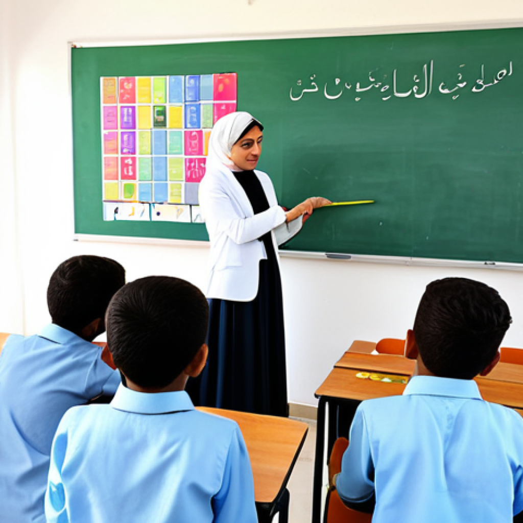 Educational Setting**

"A bright and cheerful classroom in a modern school in the Middle East, children wearing modest school uniforms are attentively listening to their female teacher who is explaining something on a whiteboard, the classroom is decorated with colorful Arabic alphabet charts and world maps, safe for work, appropriate content, fully clothed, professional, perfect anatomy, natural proportions, family-friendly, high quality."

**