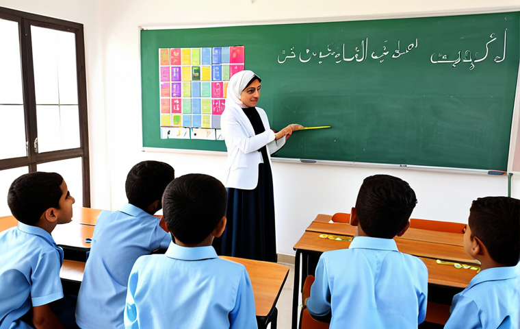 Educational Setting**

"A bright and cheerful classroom in a modern school in the Middle East, children wearing modest school uniforms are attentively listening to their female teacher who is explaining something on a whiteboard, the classroom is decorated with colorful Arabic alphabet charts and world maps, safe for work, appropriate content, fully clothed, professional, perfect anatomy, natural proportions, family-friendly, high quality."

**