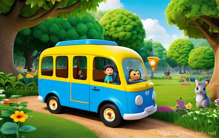 타요의 교훈적 콘텐츠 - **A bustling city street demonstrating road safety and responsibility.** Tayo the Little Bus is show...