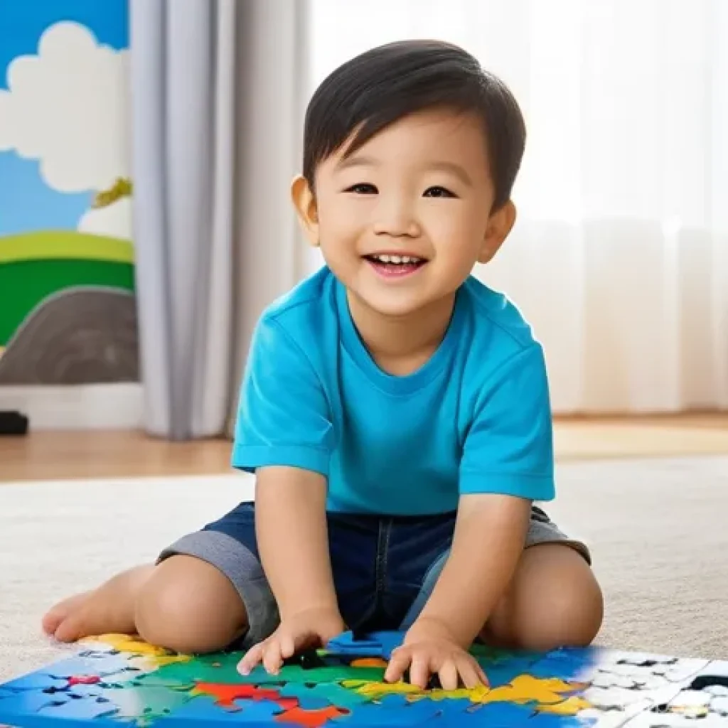 타요 퍼즐 게임 - **Prompt:** A cheerful 4-year-old boy, modestly dressed in a bright blue t-shirt and shorts, sits co...