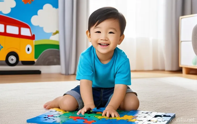 타요 퍼즐 게임 - **Prompt:** A cheerful 4-year-old boy, modestly dressed in a bright blue t-shirt and shorts, sits co...