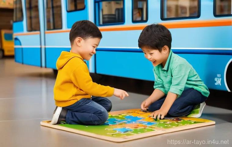 타요 퍼즐 게임 - **Prompt:** A cheerful 4-year-old boy, modestly dressed in a bright blue t-shirt and shorts, sits co...