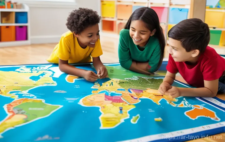 타요와 미래의 교육 - **Prompt:** A group of 4-5 diverse children, aged between 7 and 10, are gathered around a large, col...