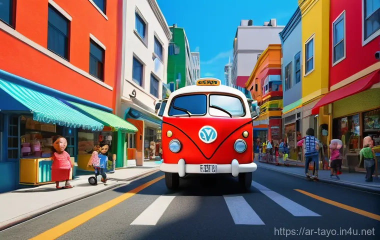 타요 캐릭터 심리학 - **Prompt:** A vibrant, eye-level shot of Tayo the Little Bus, Rogi, Lani, and Gani, all friendly and...