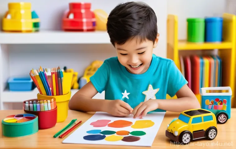 타요 캐릭터 개인화 - **Prompt:** A cheerful, brightly lit indoor scene where a young child, approximately 6-8 years old, ...