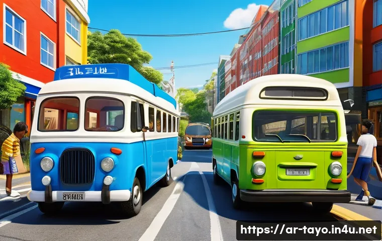 타요의 교훈적 가치 - **Prompt:** A vibrant, cheerful city scene featuring the beloved small blue bus, Tayo, diligently he...