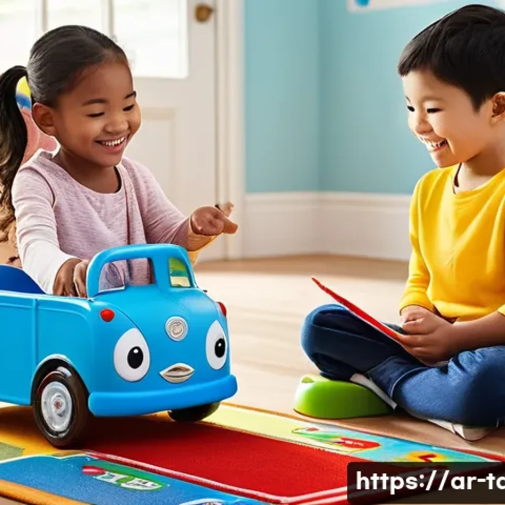 타요와 관련된 콘텐츠 제작 가이드 - **Prompt:** A vibrant, cheerful scene in a sunlit playroom where three diverse children, aged 5-7, a...