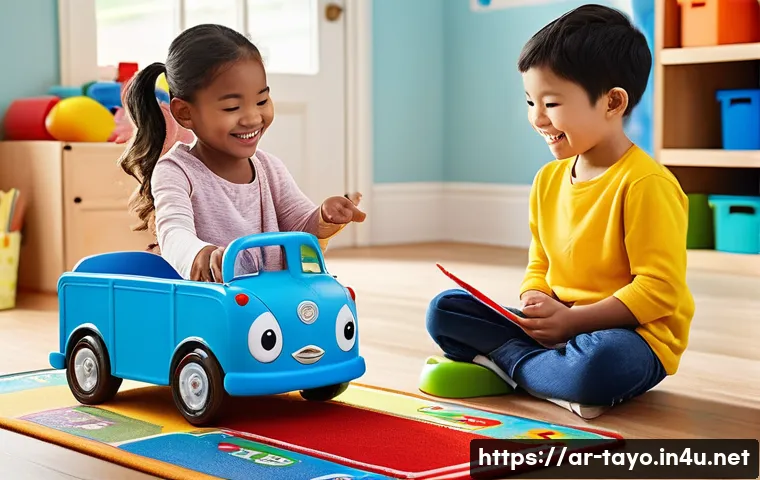 타요와 관련된 콘텐츠 제작 가이드 - **Prompt:** A vibrant, cheerful scene in a sunlit playroom where three diverse children, aged 5-7, a...