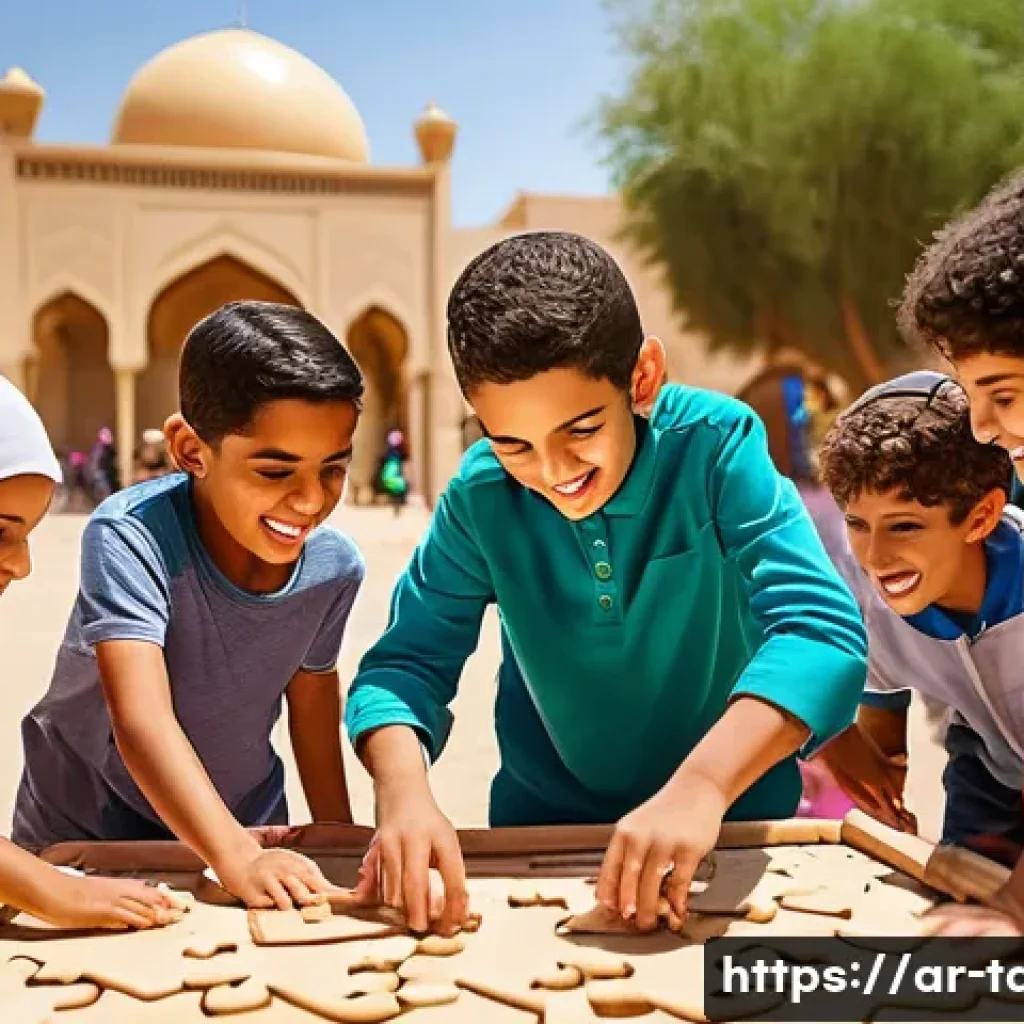 타요의 메시지 - A vibrant and heartwarming scene of diverse Arab children aged around 7-9, wearing colorful casual c...