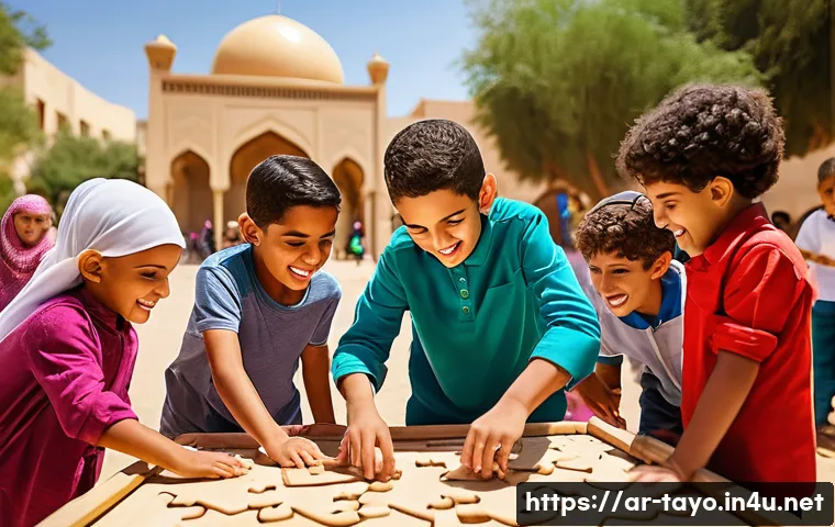 타요의 메시지 - A vibrant and heartwarming scene of diverse Arab children aged around 7-9, wearing colorful casual c...