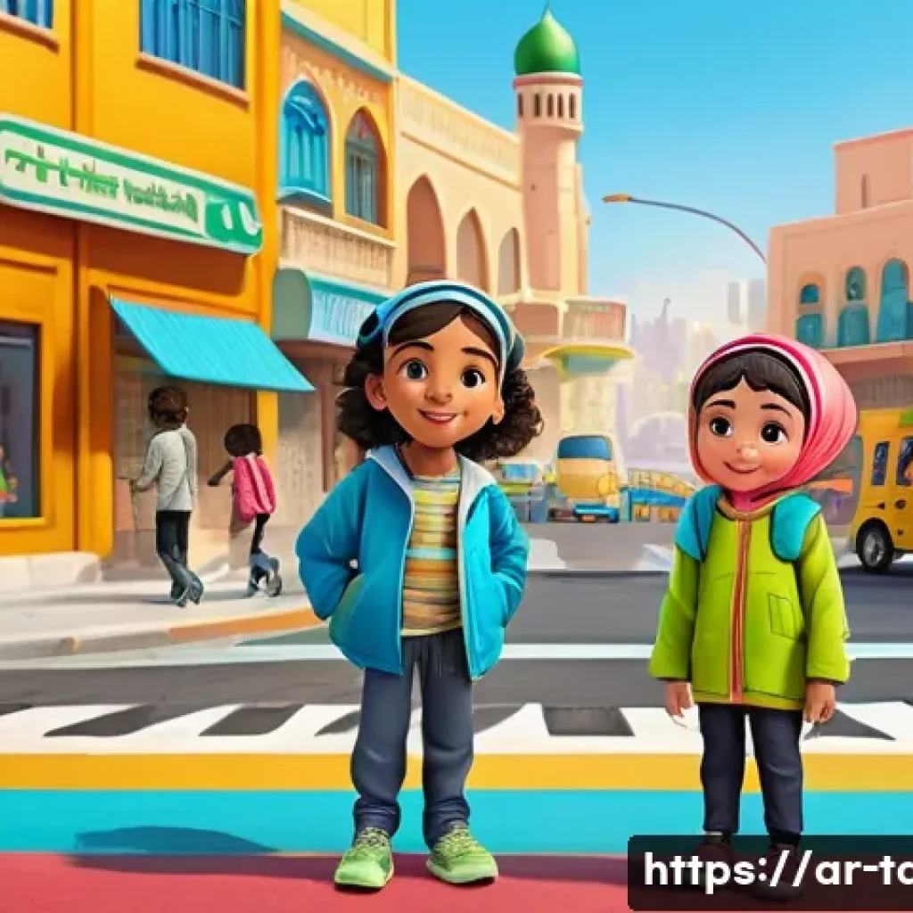 타요와 어린이 안전을 주제로 한 콘텐츠 - A colorful and engaging urban street scene featuring a group of Arab children wearing modest, cultur...