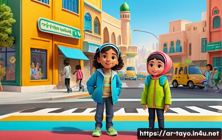 타요와 어린이 안전을 주제로 한 콘텐츠 - A colorful and engaging urban street scene featuring a group of Arab children wearing modest, cultur...