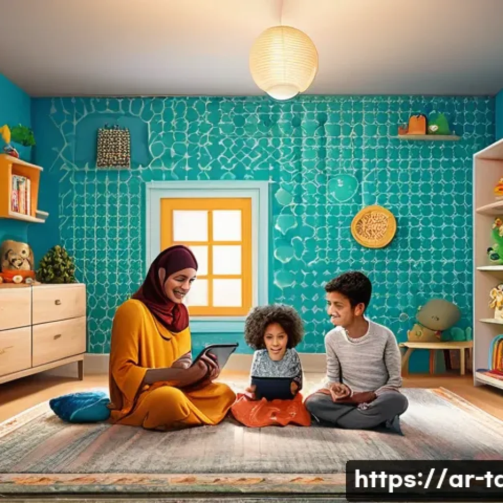 타요와 팬덤 현상 - A warm, inviting digital community scene featuring diverse Arabic-speaking families and children hap...