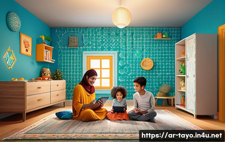 타요와 팬덤 현상 - A warm, inviting digital community scene featuring diverse Arabic-speaking families and children hap...