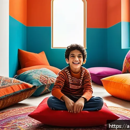 타요 캐릭터 컬러 심리 - A vibrant playroom scene featuring a young Arab child wearing colorful, modest clothing and playing ...