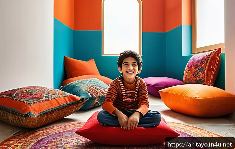 타요 캐릭터 컬러 심리 - A vibrant playroom scene featuring a young Arab child wearing colorful, modest clothing and playing ...