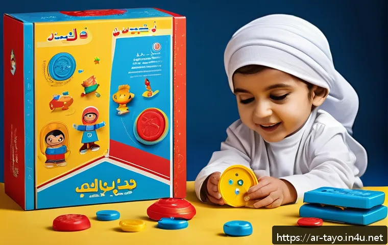 타요의 장난감 패키지 분석 - A vibrant toy packaging design featuring bright red, yellow, and blue colors with expressive cartoon...