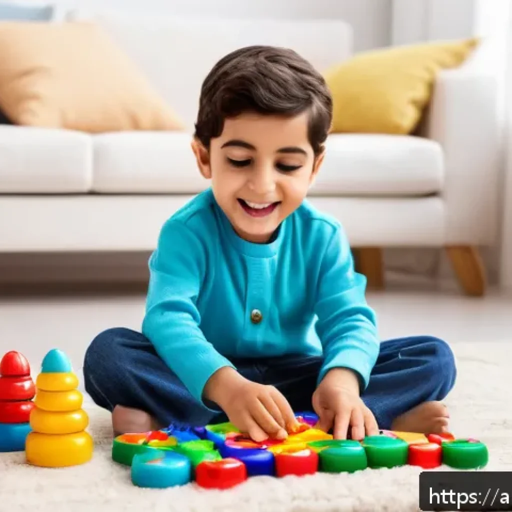 타요 캐릭터 상품 리뷰 - A vibrant scene of a young Arab child playing joyfully with colorful Tayo educational toys at home, ...
