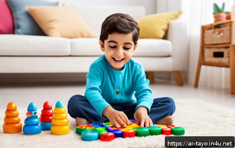 타요 캐릭터 상품 리뷰 - A vibrant scene of a young Arab child playing joyfully with colorful Tayo educational toys at home, ...