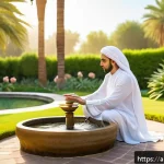 Home 21 타요의 전통적 가르침 - A serene outdoor scene at sunrise in a traditional Middle Eastern garden, featuring a person practic...