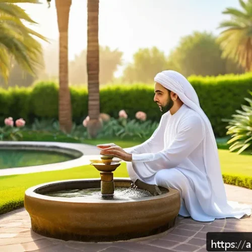 Home 33 타요의 전통적 가르침 - A serene outdoor scene at sunrise in a traditional Middle Eastern garden, featuring a person practic...