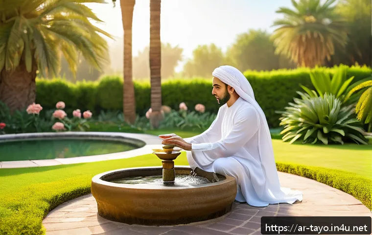 타요의 전통적 가르침 - A serene outdoor scene at sunrise in a traditional Middle Eastern garden, featuring a person practic...