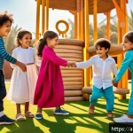 Home 18 타요의 캐릭터별 명대사 - A vibrant and colorful scene depicting a group of diverse children from an Arabic cultural backgroun...