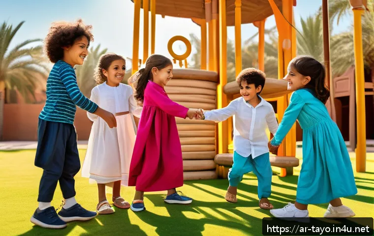 타요의 캐릭터별 명대사 - A vibrant and colorful scene depicting a group of diverse children from an Arabic cultural backgroun...