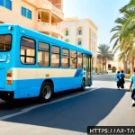타요의 유익한 콘텐츠 - Photorealistic educational scene for Arab children: a friendly bright blue city bus with expressive ...
